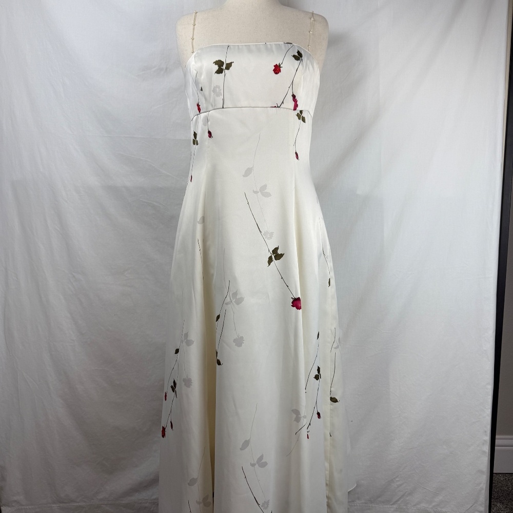 A.B.S. Evening White with Long Stem Roses Pearl Strap Empire Maxi Dress Sz 14